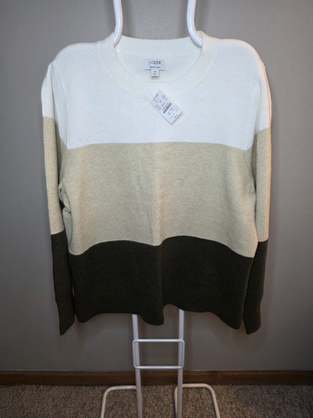 J. Crew Women’s Colorblock Crewneck Sweater in White, Cream & Dark Green